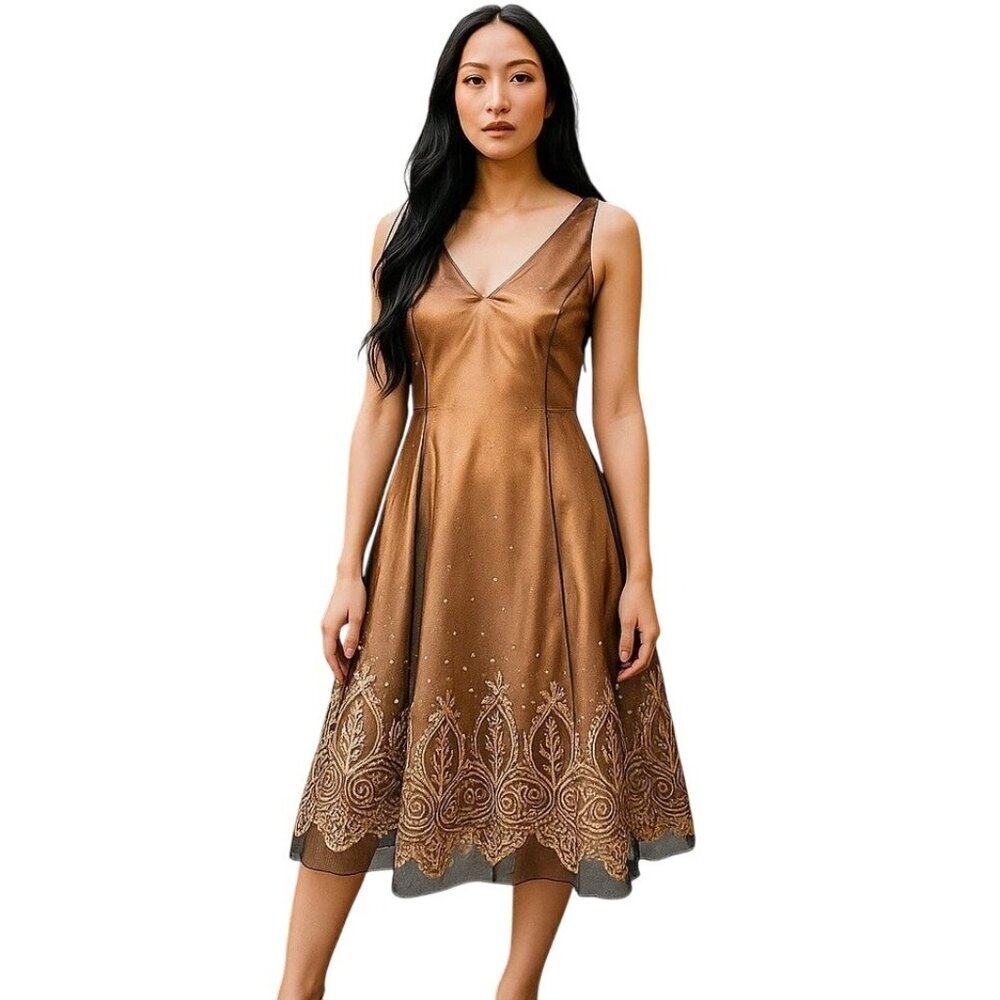 Adrianna Papell Y2K Brown Beaded Illusion Mesh Cocktail Dress Size 4 Fairy